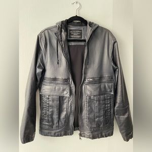 Zara Men’s Hooded Denimwear Faux Leather Jacket Medium in Metallic Gray/Black